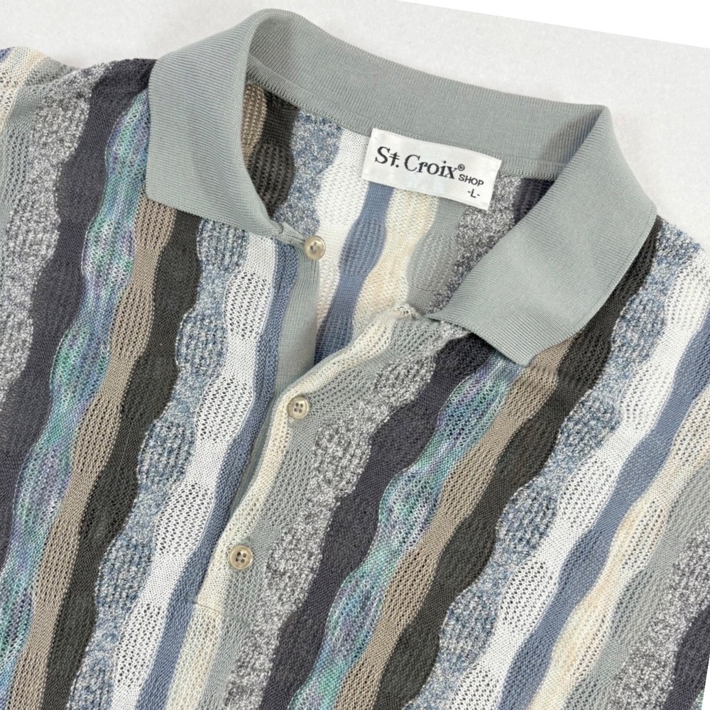 VTG 90s St. Croix Knit 3D Polo Shirt Mens L Coogi Style Stripe Cotton USA Retro